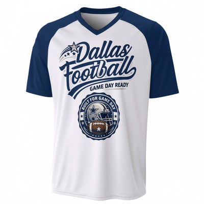 Dallas Football V Neck T Shirt White and Navy Blue – Game Day Ready Texas Fan Tee – fan gear, casual fan outfit, image 1.0