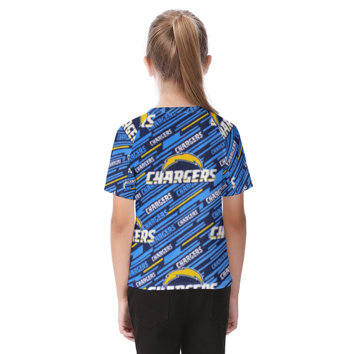 los-angeles-chargers-kids-t-shirt powder blue yellow football close-up design detail