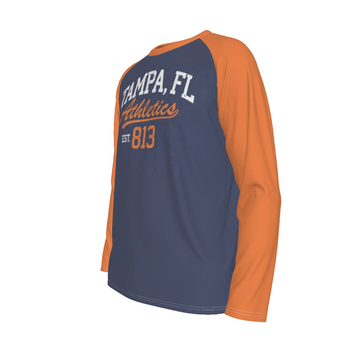 Tampa FL Athletics EST 813 Navy and Orange Long Sleeve Shirt Men Varsity Raglan Tee
