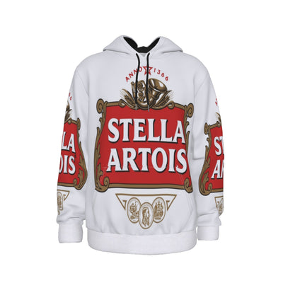 White hoodie with Stella Artois logo on a white background