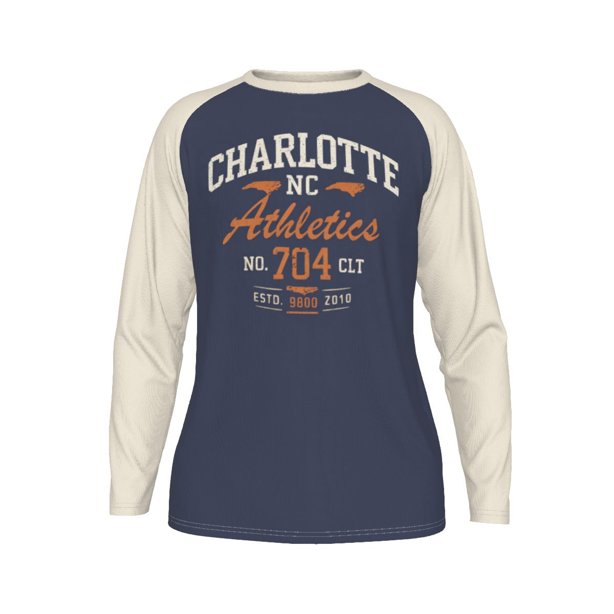 Charlotte NC 704 Athletics Long Sleeve Shirt – Navy Cream Varsity Raglan Tee – sportswear style, sportswear style, image 1.0