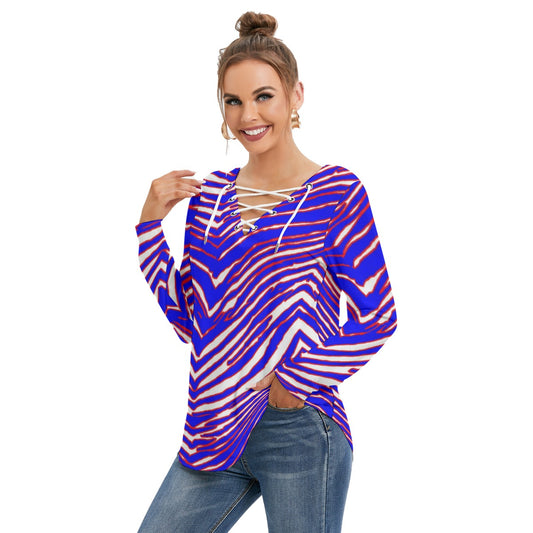 Buffalo football Women's Long Sleeve Neckline Tie Sweatshirt – Red Blue White Zebra Game Day Style