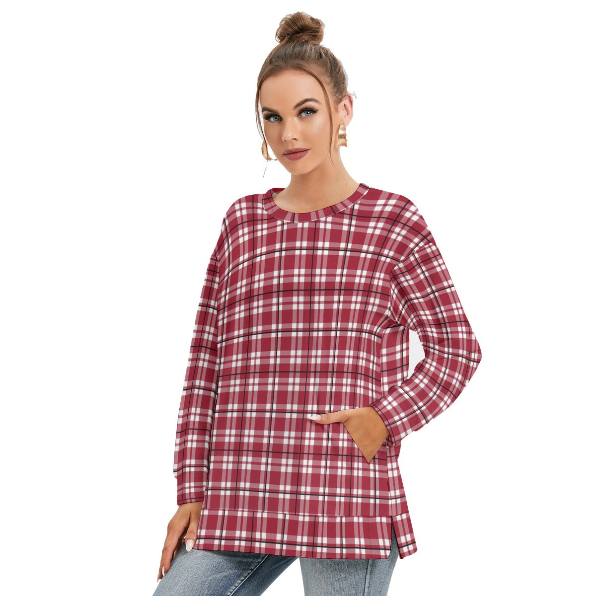 Alabama Crimson Tide Tartan Plaid Crimson White Women's Side Split O-neck Sweatshirt streetwear fashion product image 4