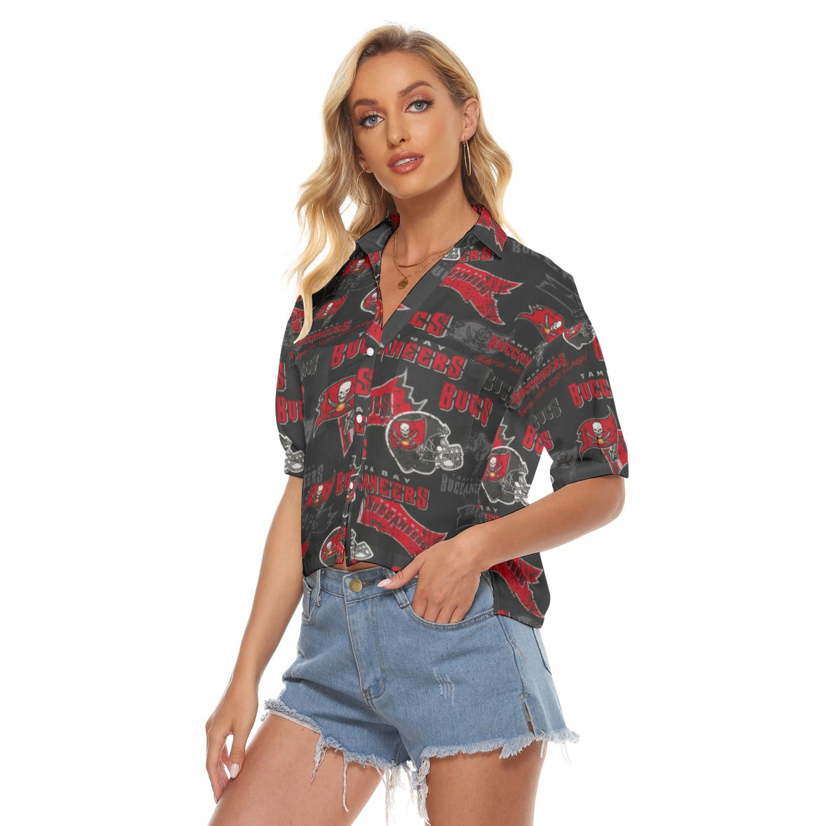 tampa-bay-buccaneers-womens-v-neck-shirts red pewter football outfit fabric close-up