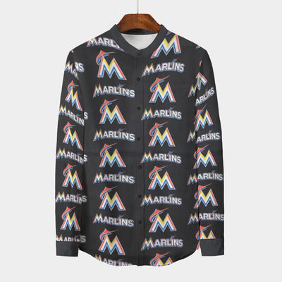 Miami Marlins Men's Stand Collar Shirt With Long Sleeve|110GSM Imitation Flax miami marlins baseball fan apparel tropical game day outfit