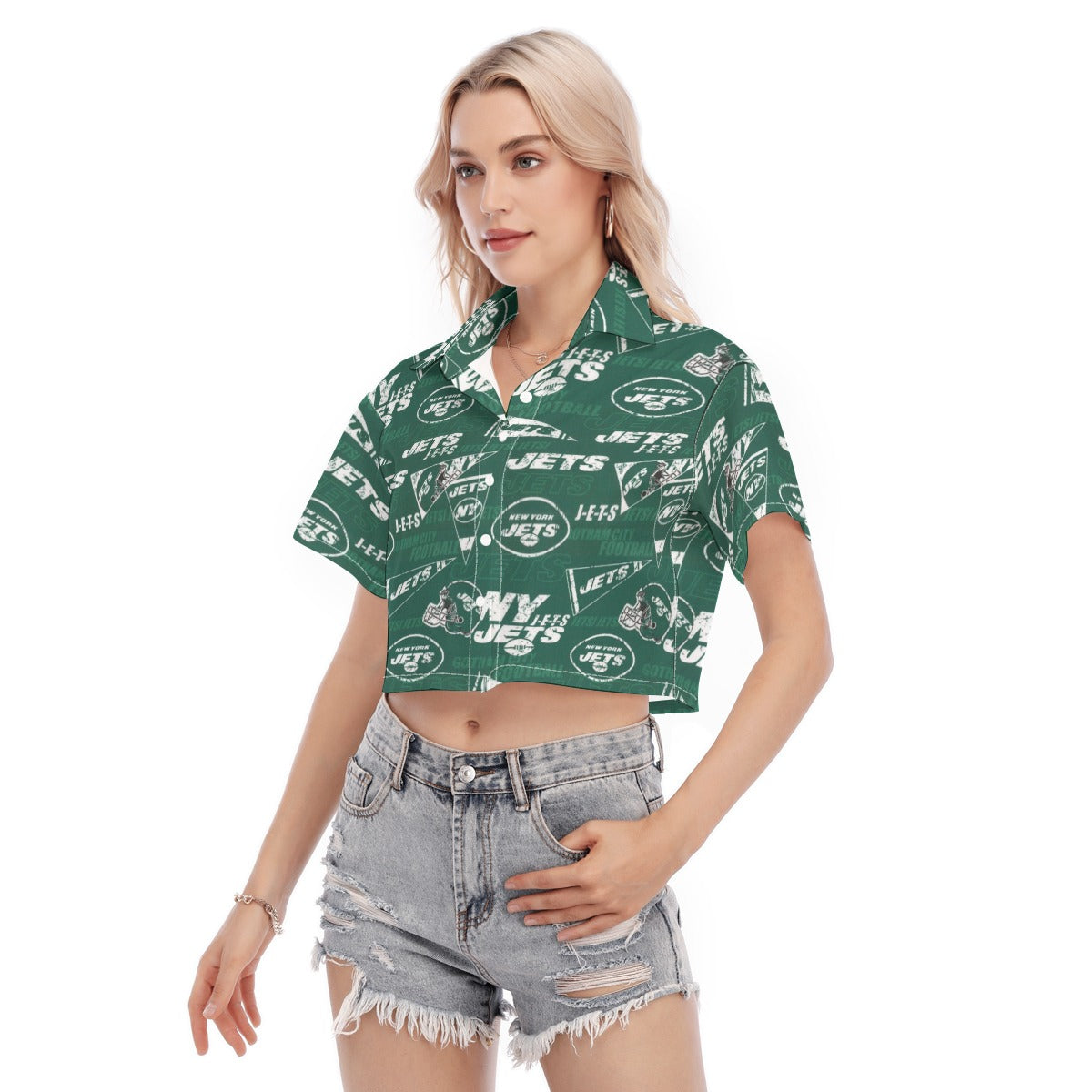 new-york-jets-womens-cropped-shirt green white football outfit fabric close-up