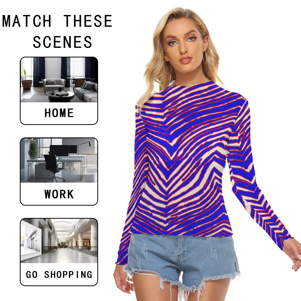 Vuffalo Women's Mesh T-shirt – Red Blue White Zebra football Game Day Style