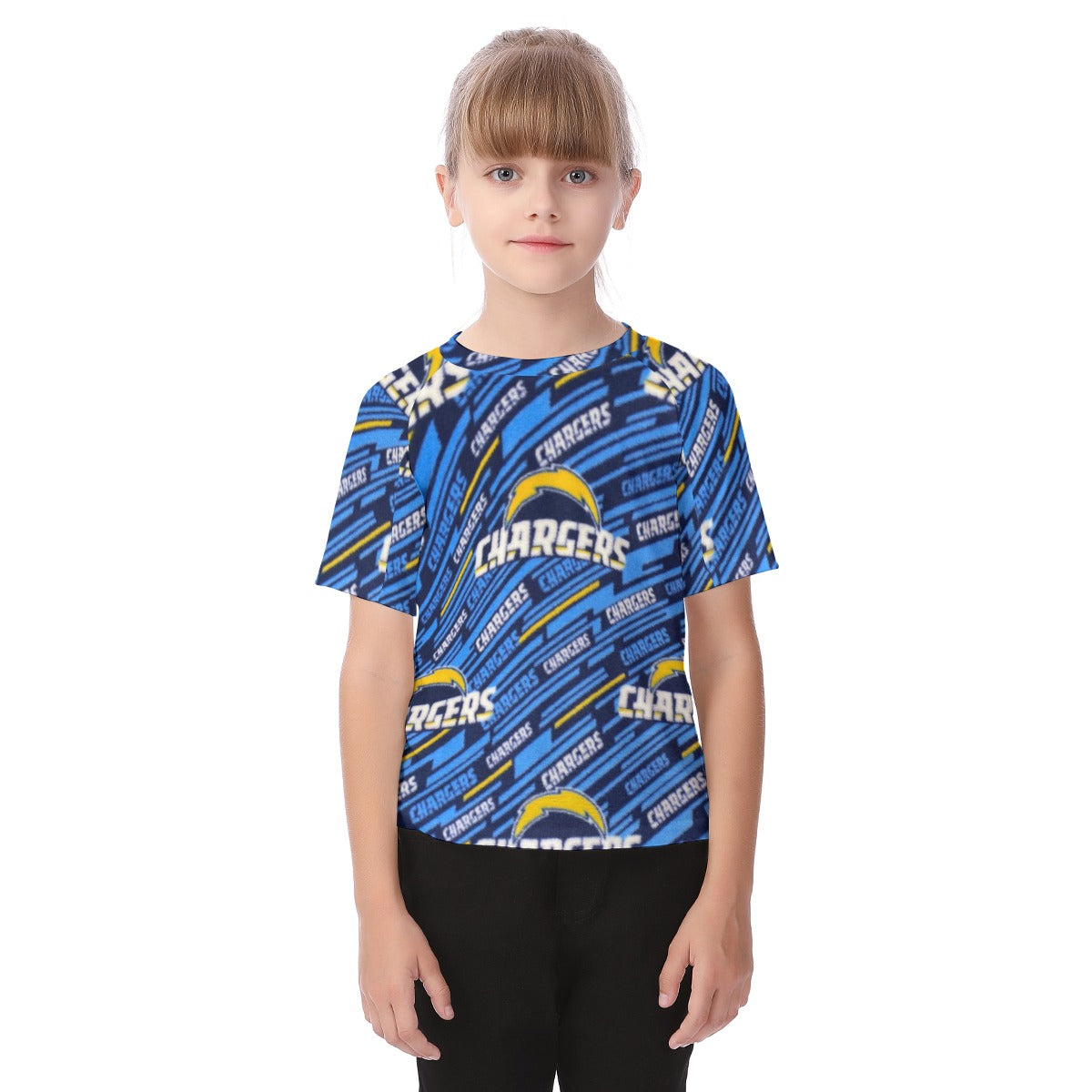 Los Angeles Chargers Kid's T-shirt powder blue yellow football back view game day look
