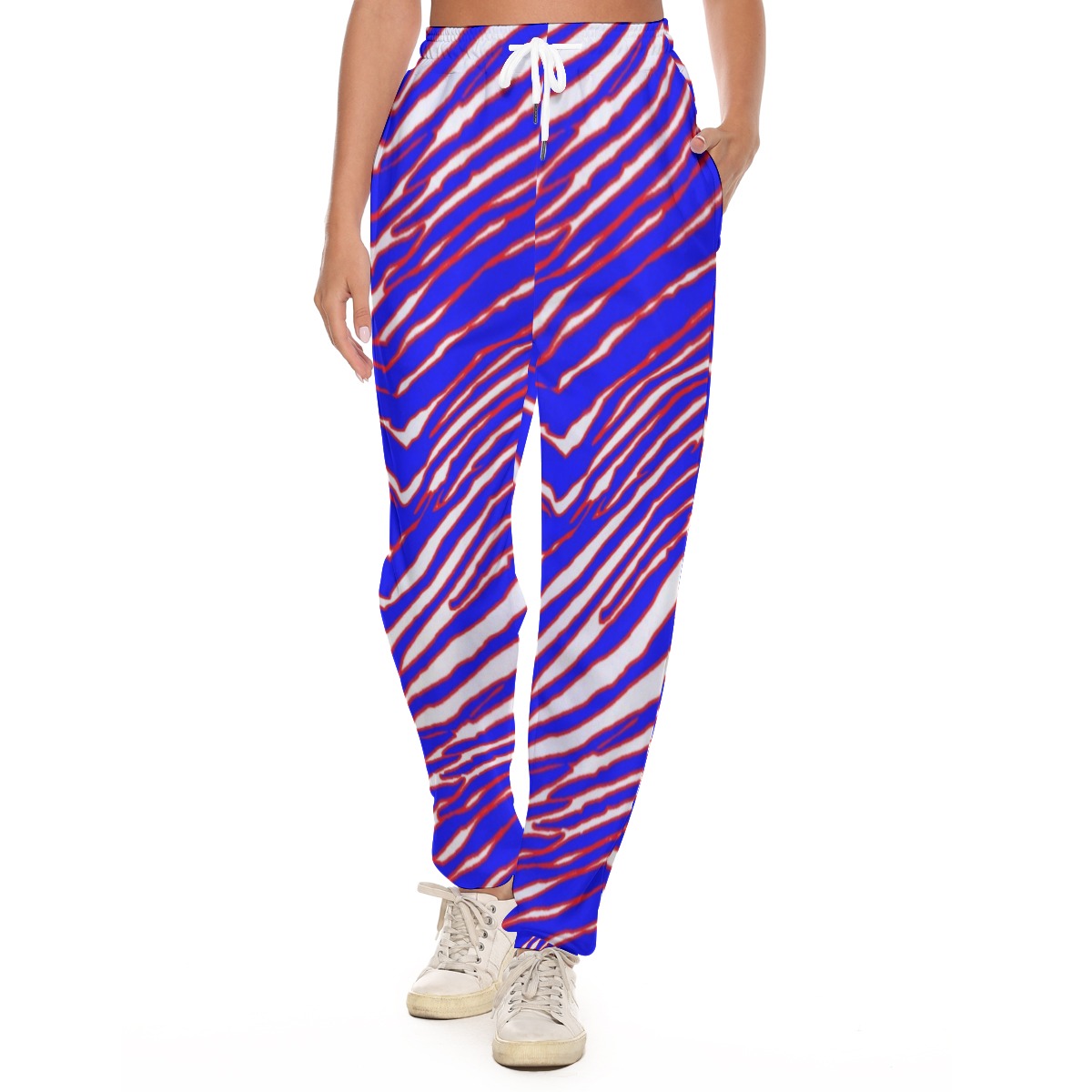 Women’s Casual Pants – Red, Blue White Zebra Game Day Style – nfl fan apparel, football shirt, image 1.0