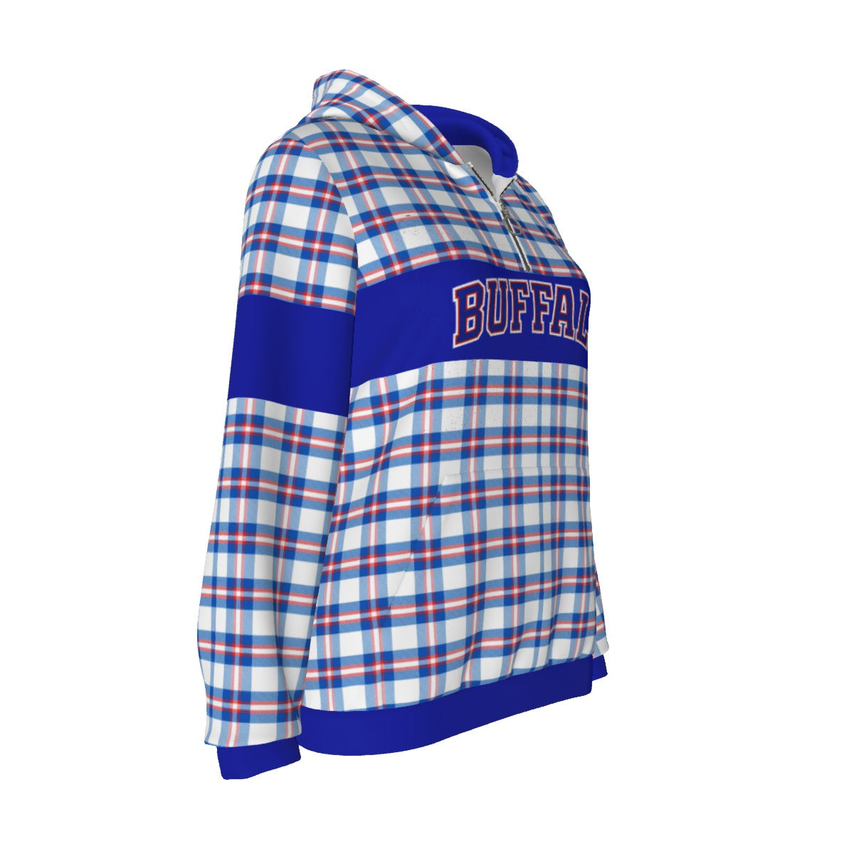 White Smoke Buffalo football tartan plaid Women's Borg Fleece Hoodie With Half Zip