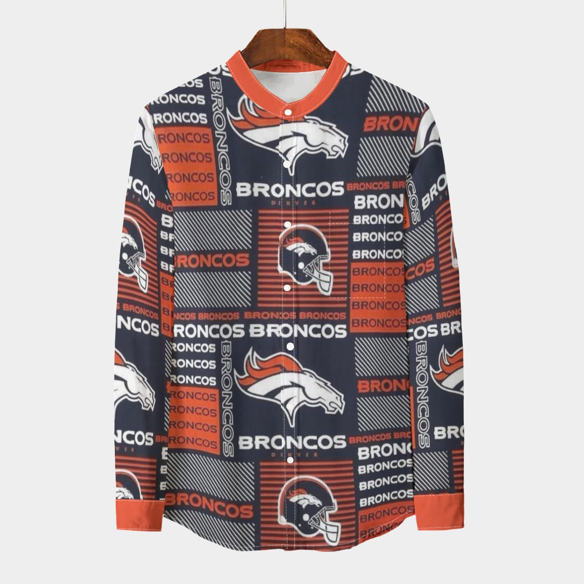 Denver Broncos  Men's Stand Collar Shirt With Long Sleeve|110GSM Imitation Flax – lightweight game day shirt, football shirt, image 1205