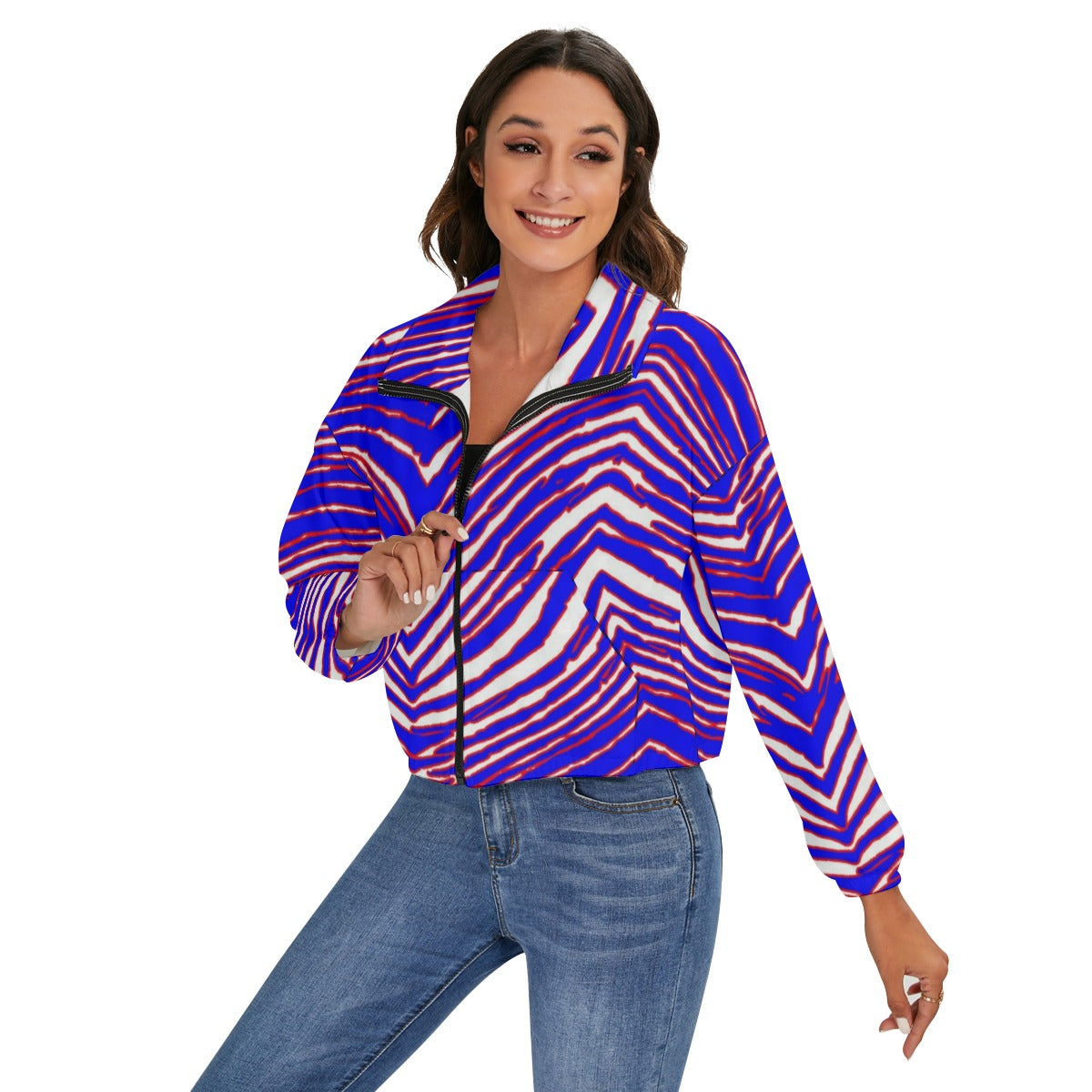 White Smoke Buffalo Football Women’s Zip Jacket – Red, Blue White Zebra Game Day Style
