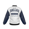 White and navy jacket with 'Dallas' text on a white background