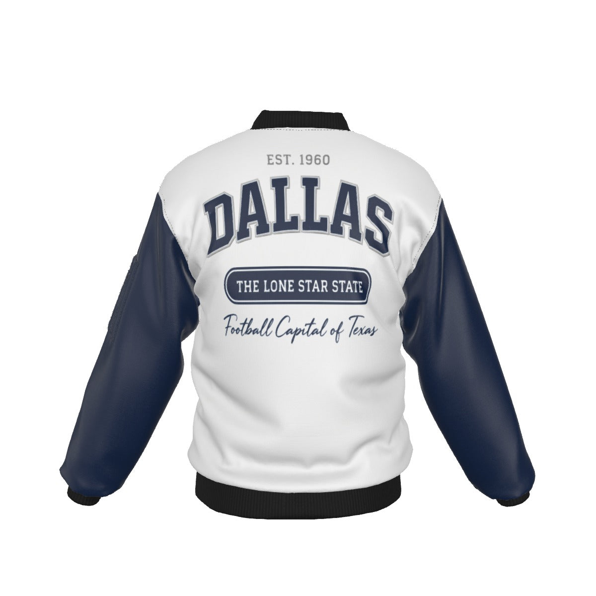 White and navy jacket with 'Dallas' text on a white background