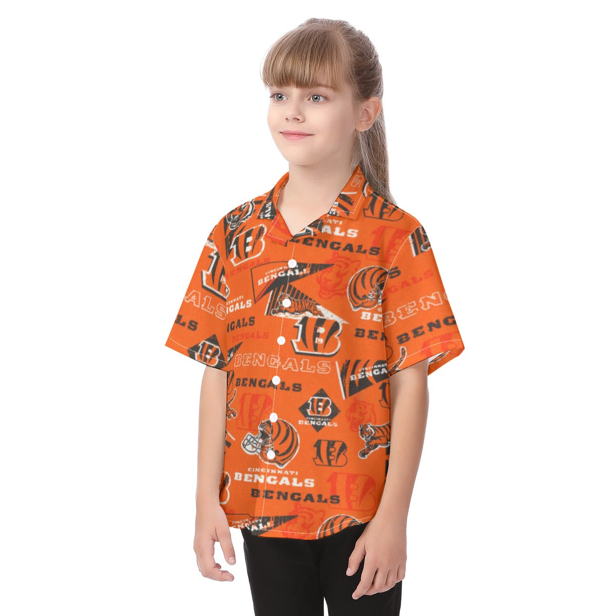 cincinnati-bengals-kids-hawaiian-vacation-shirt black orange football side view streetwear fit