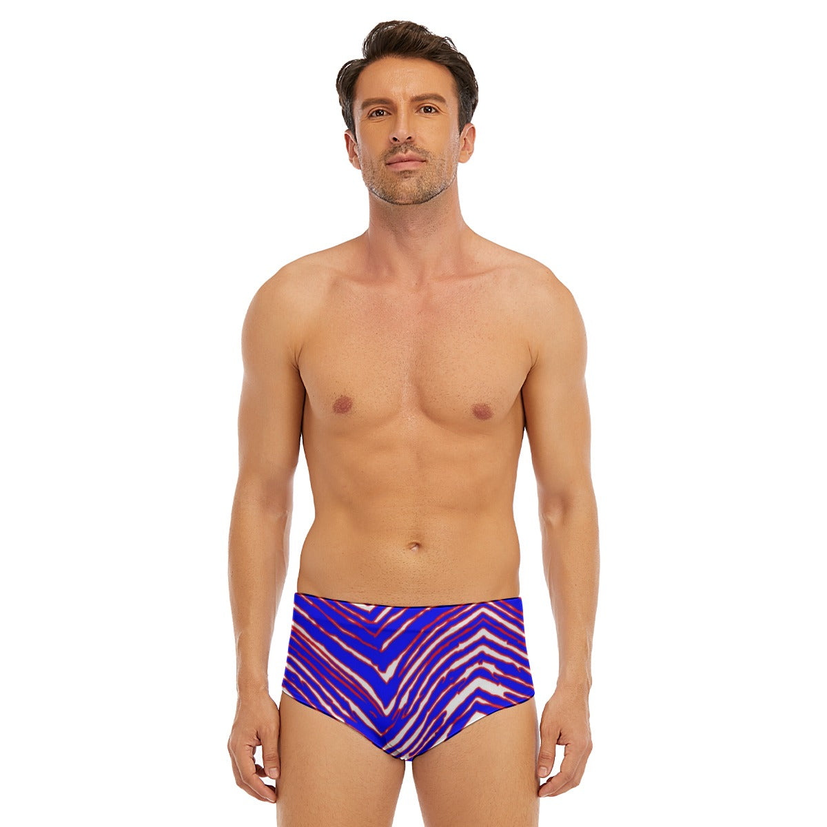 White Smoke All-Over Print Men's Triangle Swim Trunks – Red Blue White Zebra Game Day Style