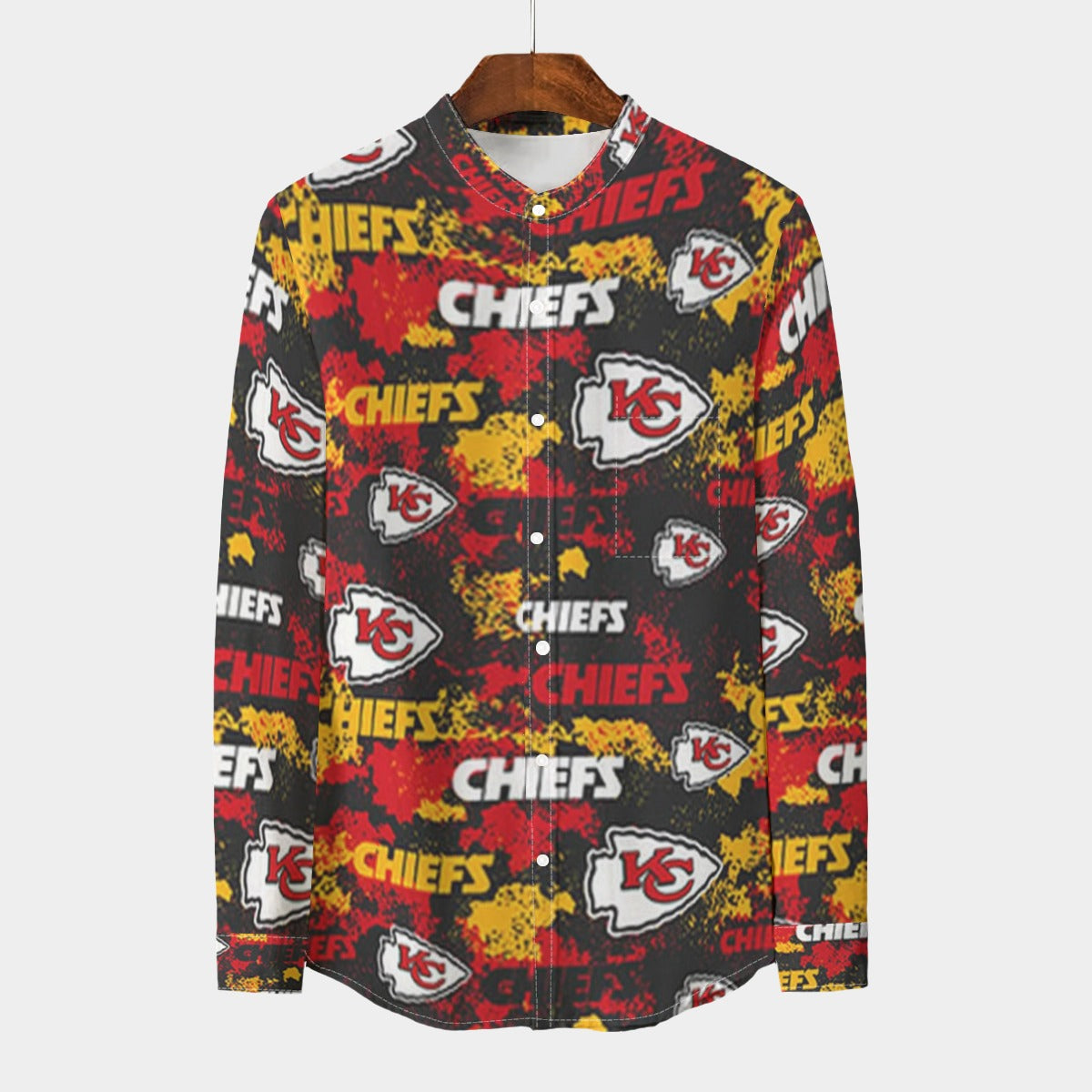 Kansas City Chiefs Men's Stand Collar Shirt With Long Sleeve|110GSM Imitation Flax red gold football outfit image 1.0