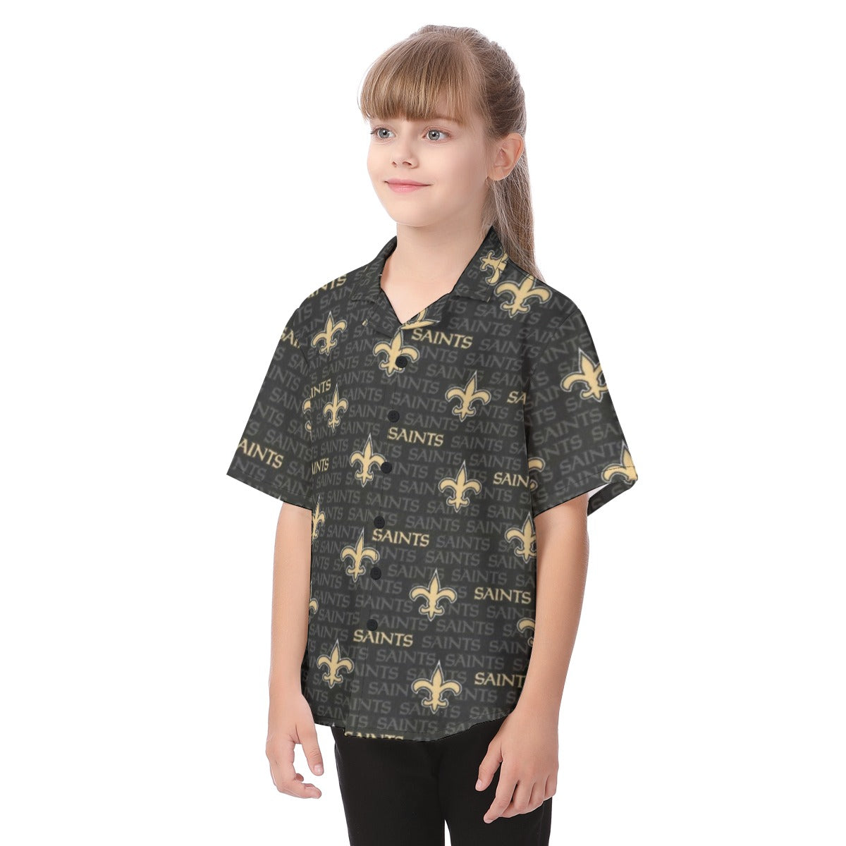 new-orleans-saints-kids-hawaiian-vacation-shirt black gold football urban outfit side view