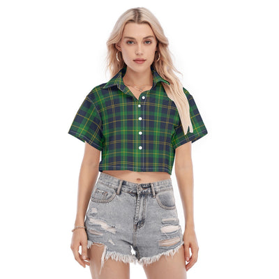 Notre Dame Fighting Irish Green Navy Gold Plaid Womens Cropped Shirt 7 green navy gold plaid women fashion apparel