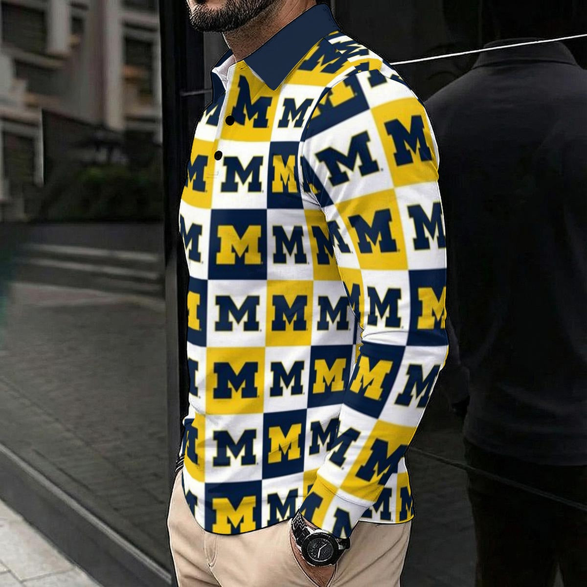 Michigan - Wolverines Men's Polo Shirt With Long Sleeve White varsity sports apparel