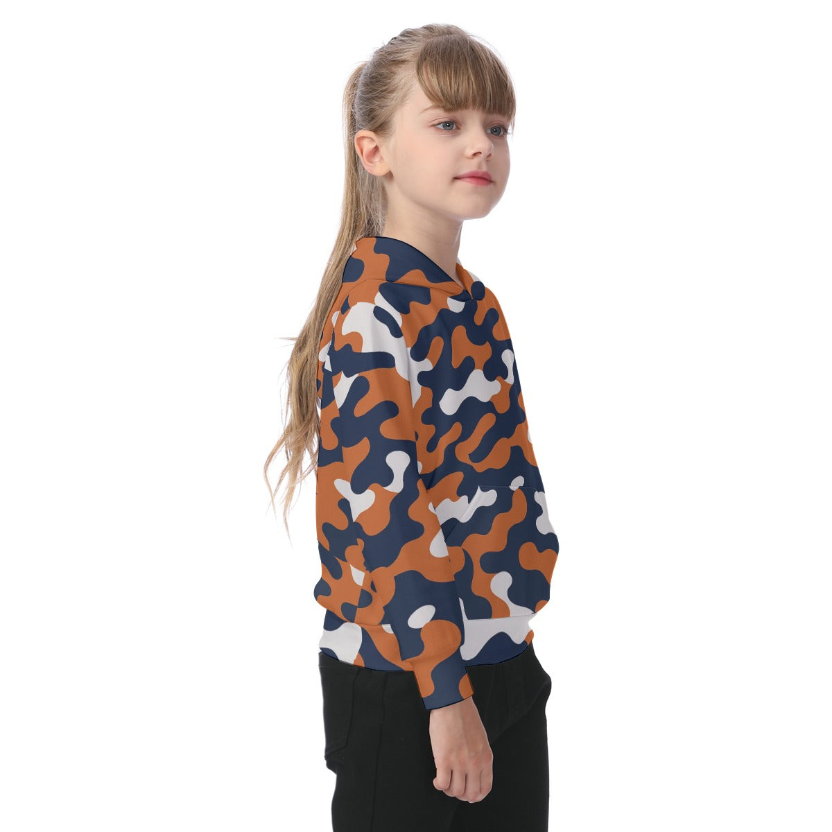 White Smoke Chicago Football Kids Camo Hoodie – Navy Orange Youth Game Day Sweatshirt