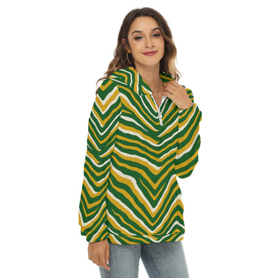 White Smoke Green Bay Football Yellow Green Women’s Borg Fleece Half Zip Hoodie – Game Day Streetwear