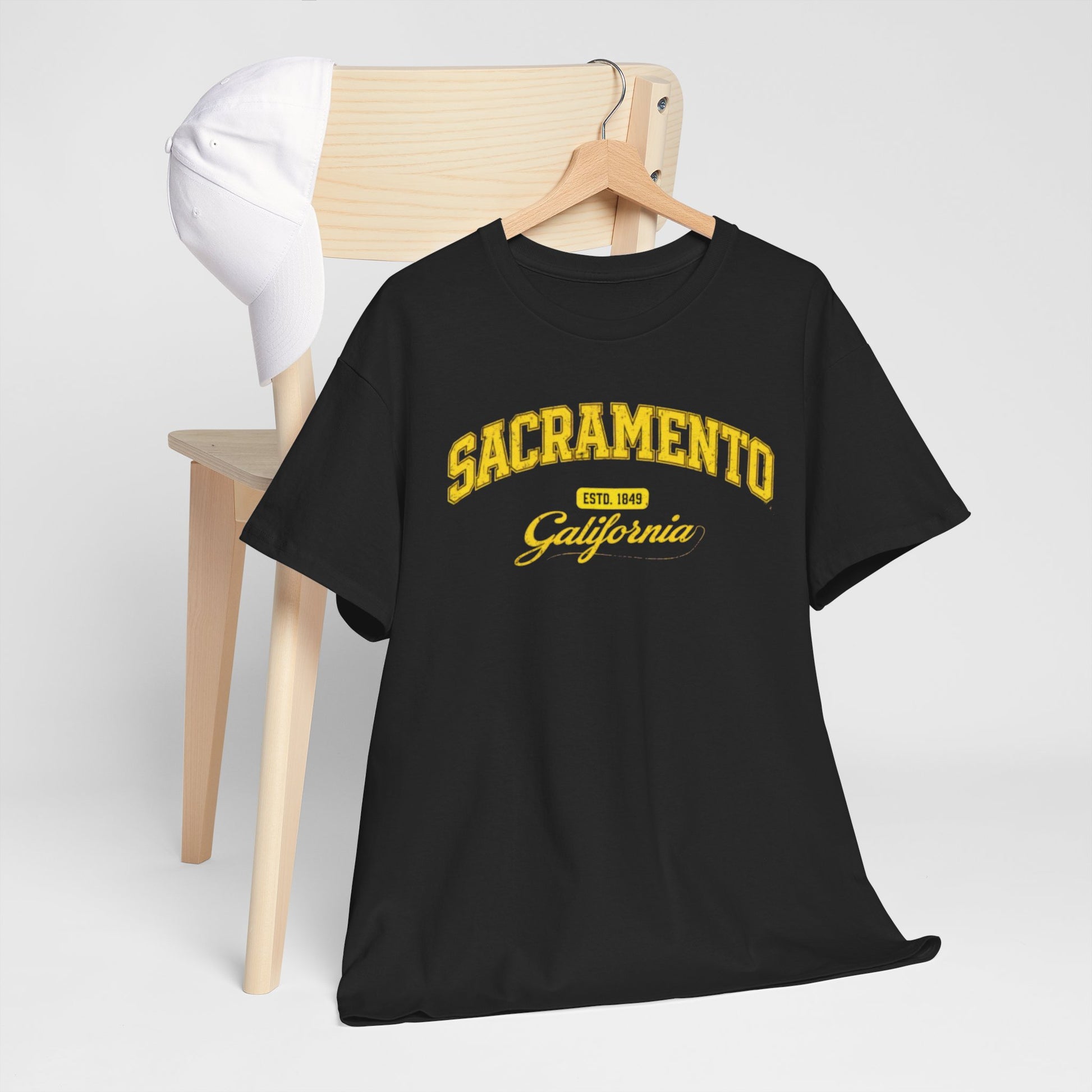 Dark Slate Gray Sacramento California Vintage Arc Tee — Retro Yellow College-Style T-Shirt