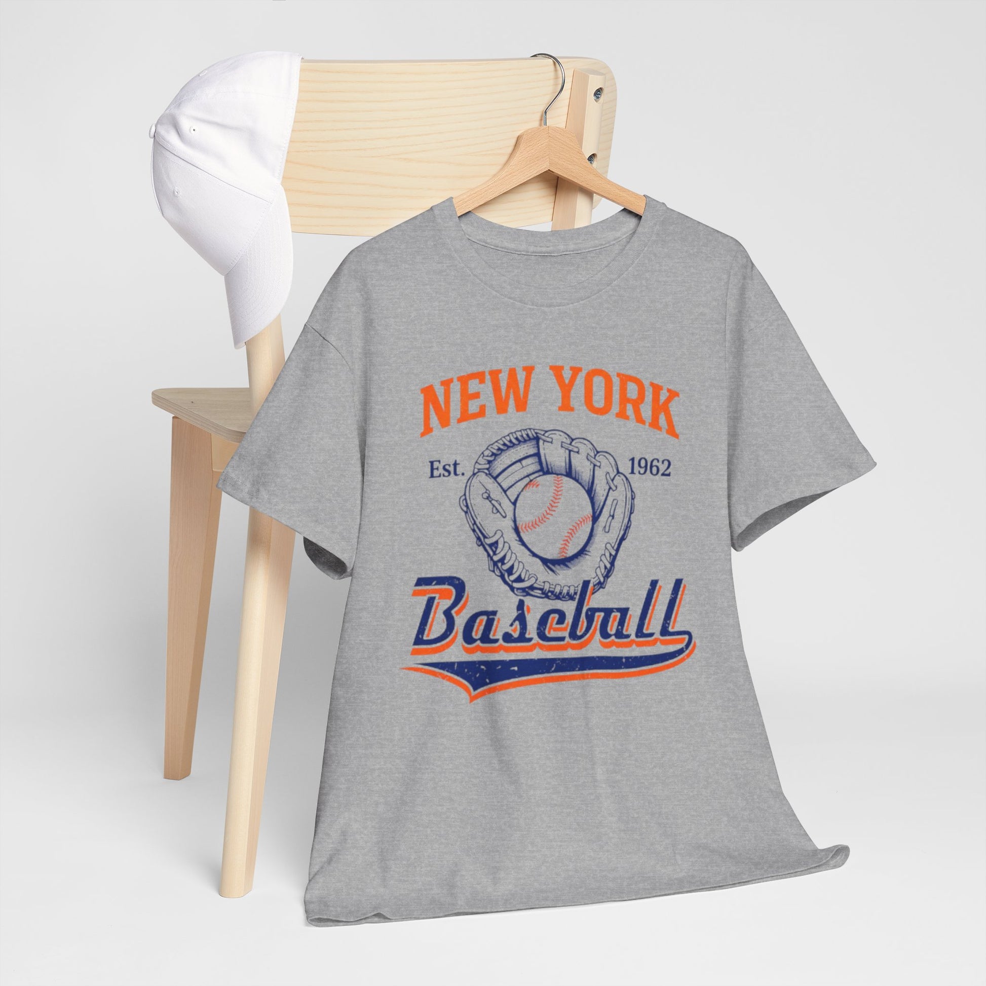 Dark Gray New York Baseball Vintage Tee — Retro Glove & Ball Graphic T-Shirt