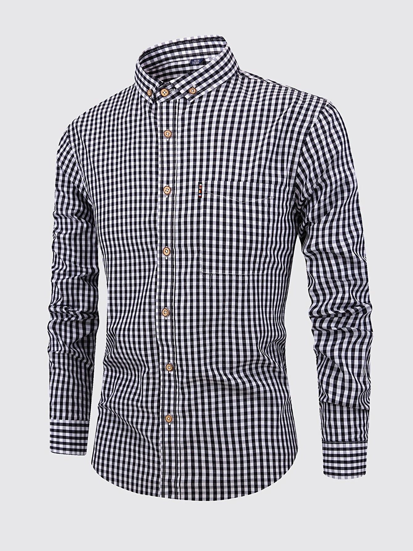 Slate Gray 1pc Men'S Casual Plaid Shirt | Long Sleeve, Non-Stretch Fabric, Single Breasted, Left Chest Pocket, Ideal for Daily Commute and Business Casual Occasions