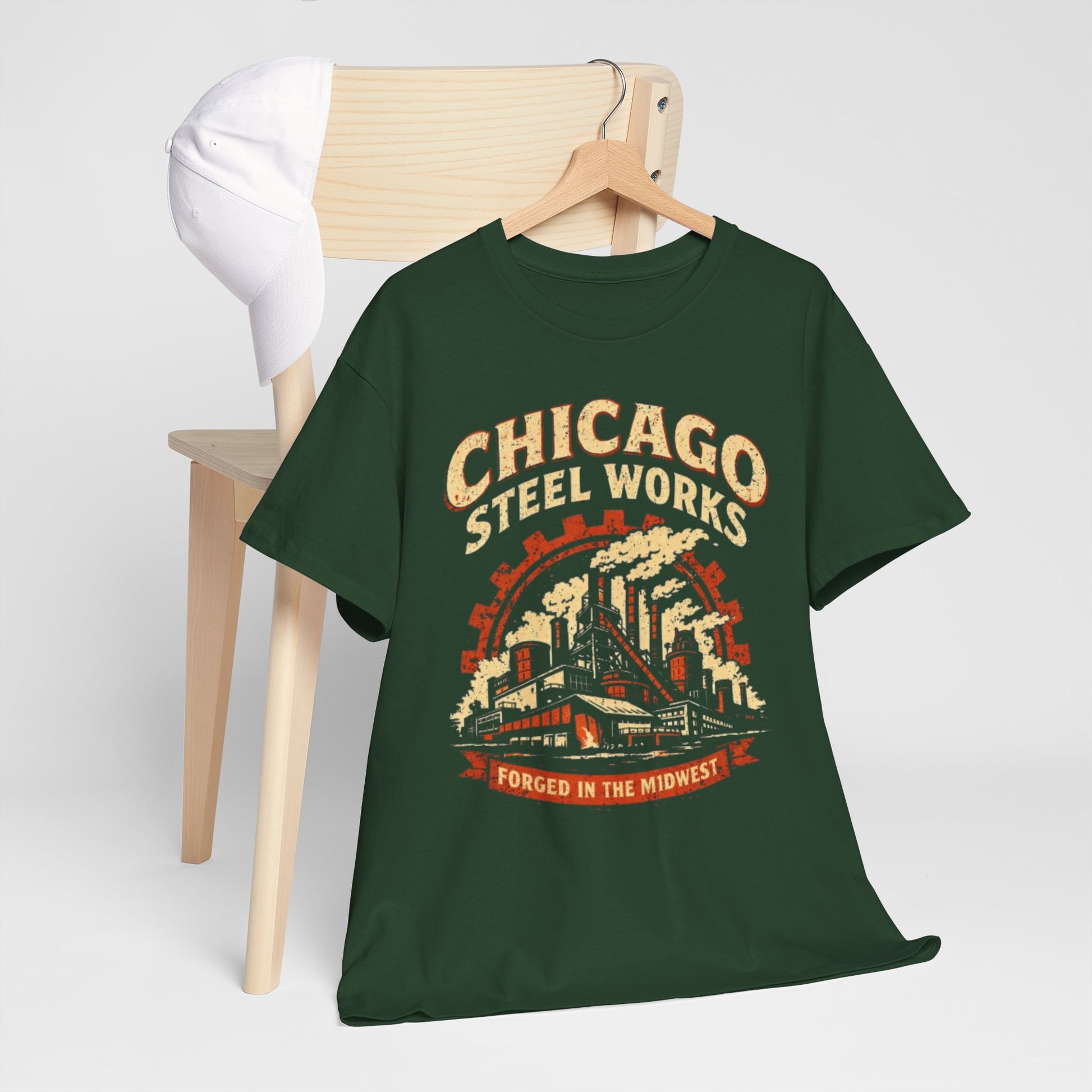 Lavender Chicago Steel Works Tee — "Forged in the Midwest" Vintage Industrial T-Shirt