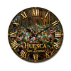 Decorative clock with Roman numerals and a festive scene, featuring the text 'Huesca San Lorenzo'.