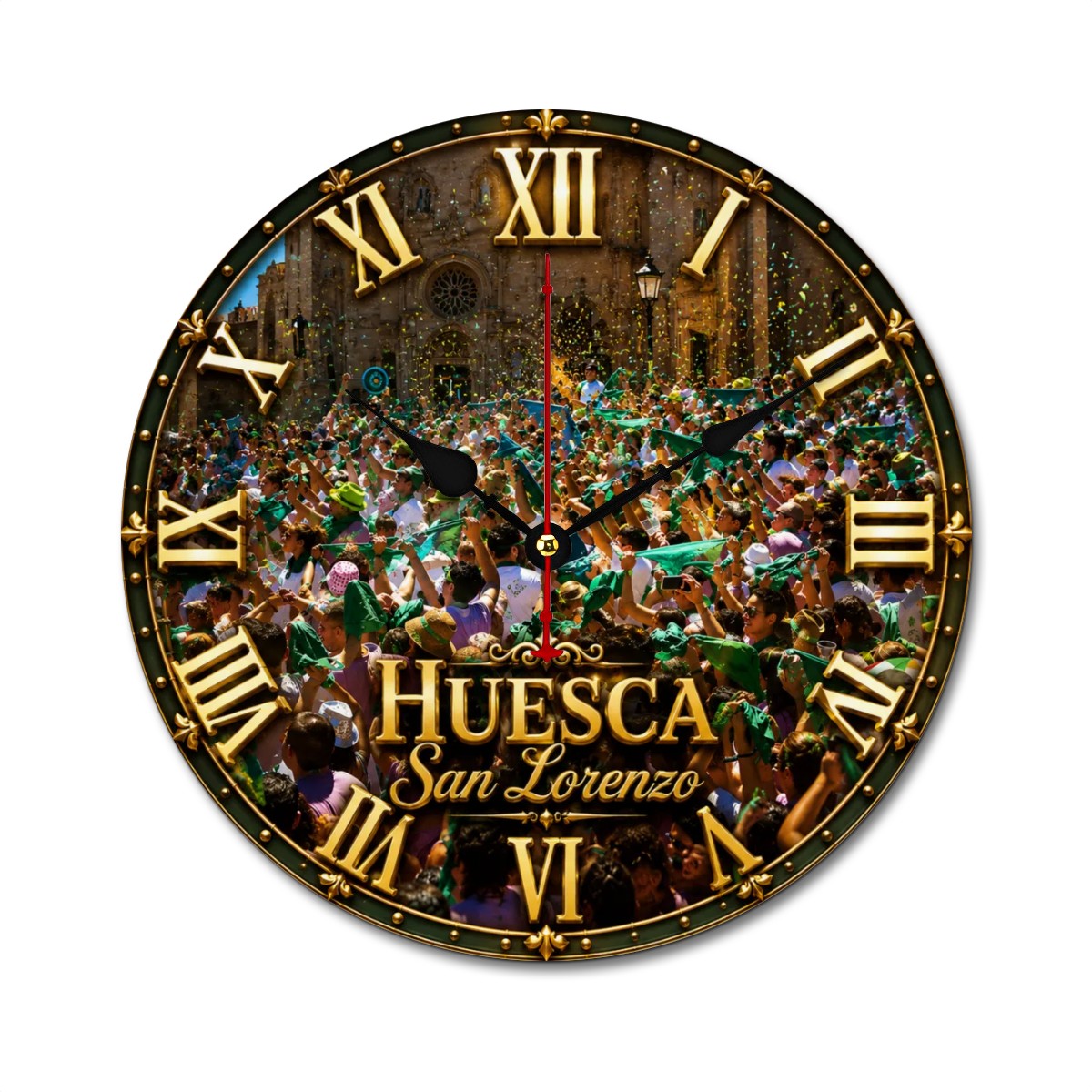 Decorative clock with Roman numerals and a festive scene, featuring the text 'Huesca San Lorenzo'.
