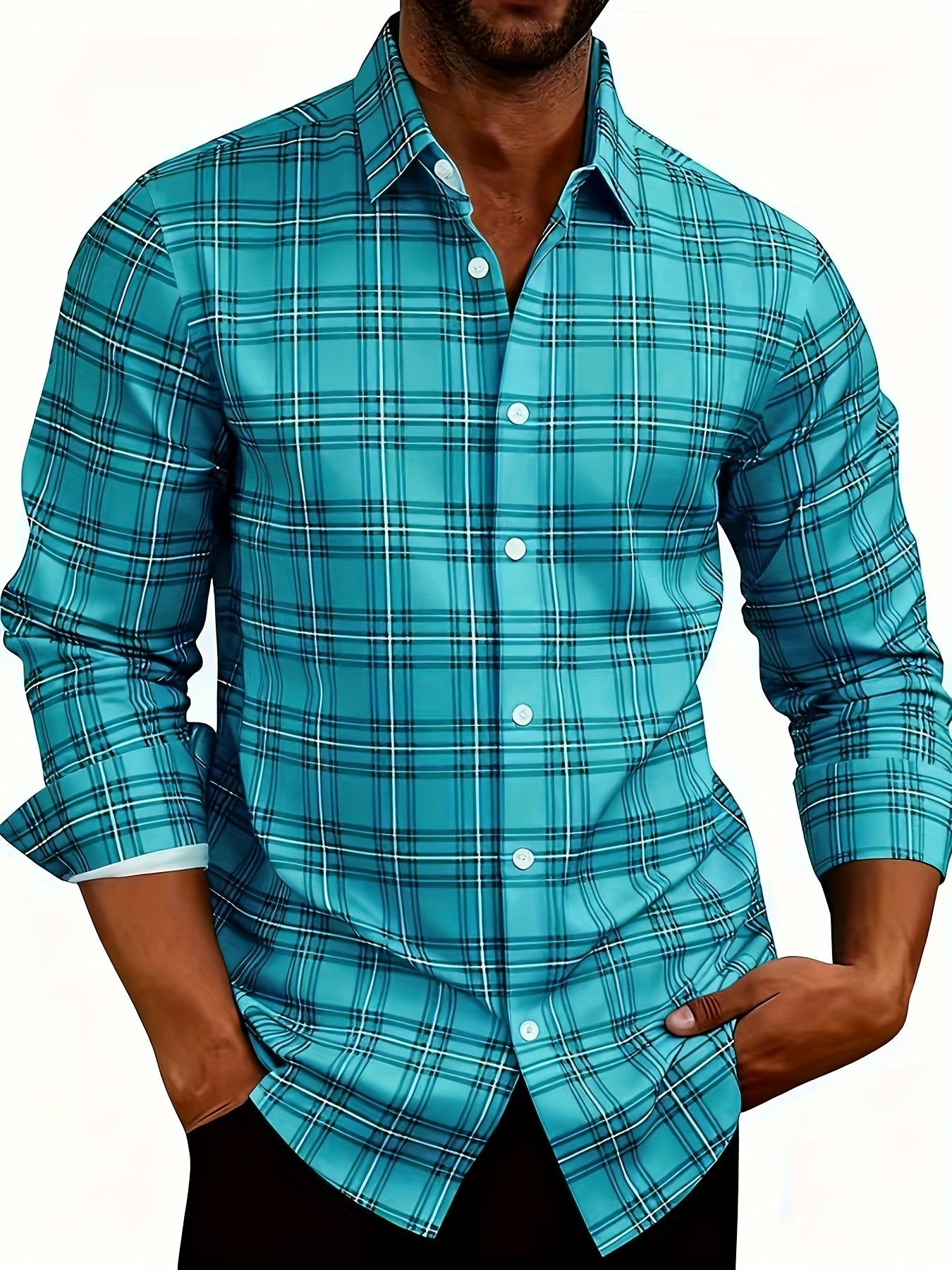 White Smoke Men'S Plaid Long-Sleeve Shirt with 3D Digital Printing, Suitable for Casual Outings, Entertainment, And Gatherings