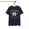 Navy blue t-shirt with 'New York Baseball City' text and logo on a hanger against a white background