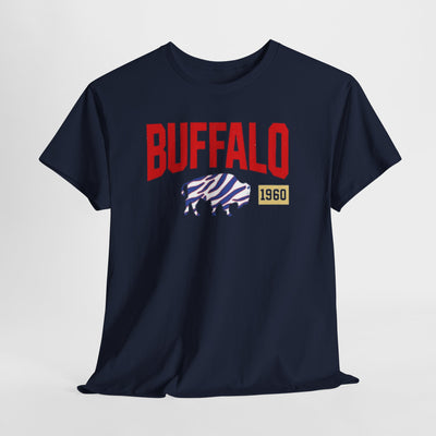 Navy blue t-shirt with 'BUFFALO 1960' graphic on a light gray background