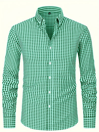 Medium Aquamarine Men's Slim Fit Long Sleeve Shirt - Black & White Classic Plaid Pattern, Business Casual Button-Up Shirt, Machine Washable Summer Office & Formal Wear, Business Casual Wear | Collared Shirt | Stylish Checkered Pattern