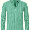 Medium Aquamarine Men's Slim Fit Long Sleeve Shirt - Black & White Classic Plaid Pattern, Business Casual Button-Up Shirt, Machine Washable Summer Office & Formal Wear, Business Casual Wear | Collared Shirt | Stylish Checkered Pattern