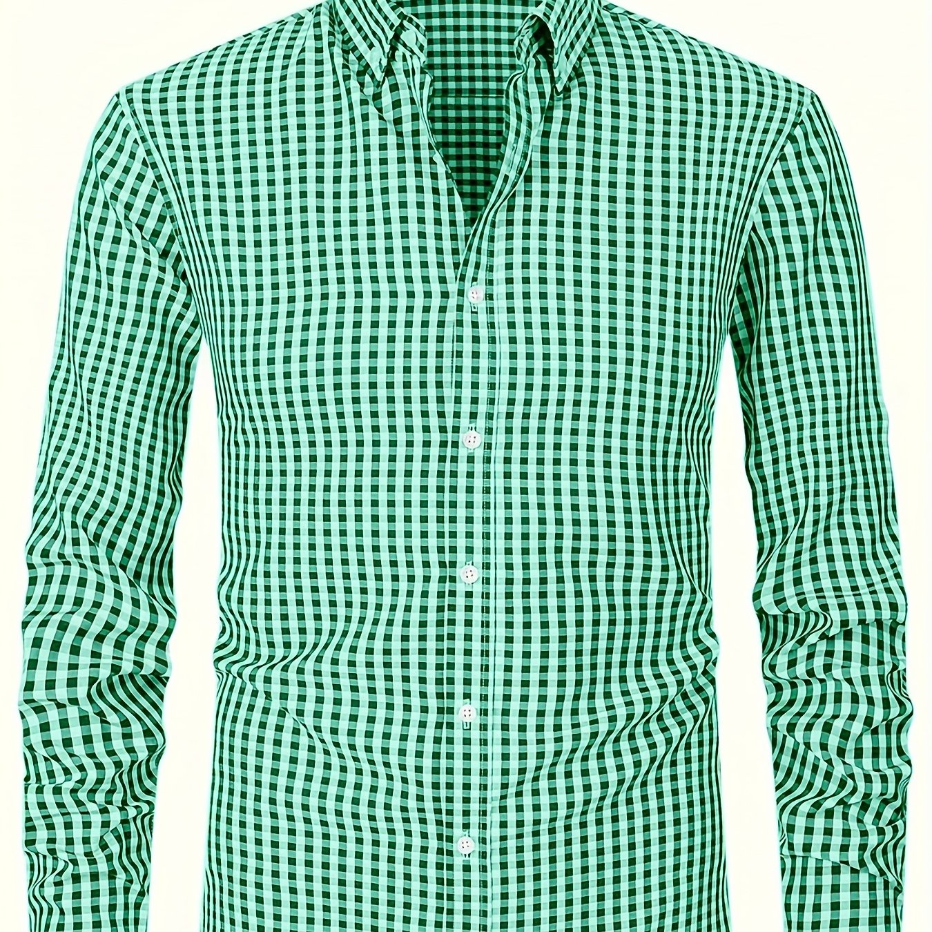 Medium Aquamarine Men's Slim Fit Long Sleeve Shirt - Black & White Classic Plaid Pattern, Business Casual Button-Up Shirt, Machine Washable Summer Office & Formal Wear, Business Casual Wear | Collared Shirt | Stylish Checkered Pattern