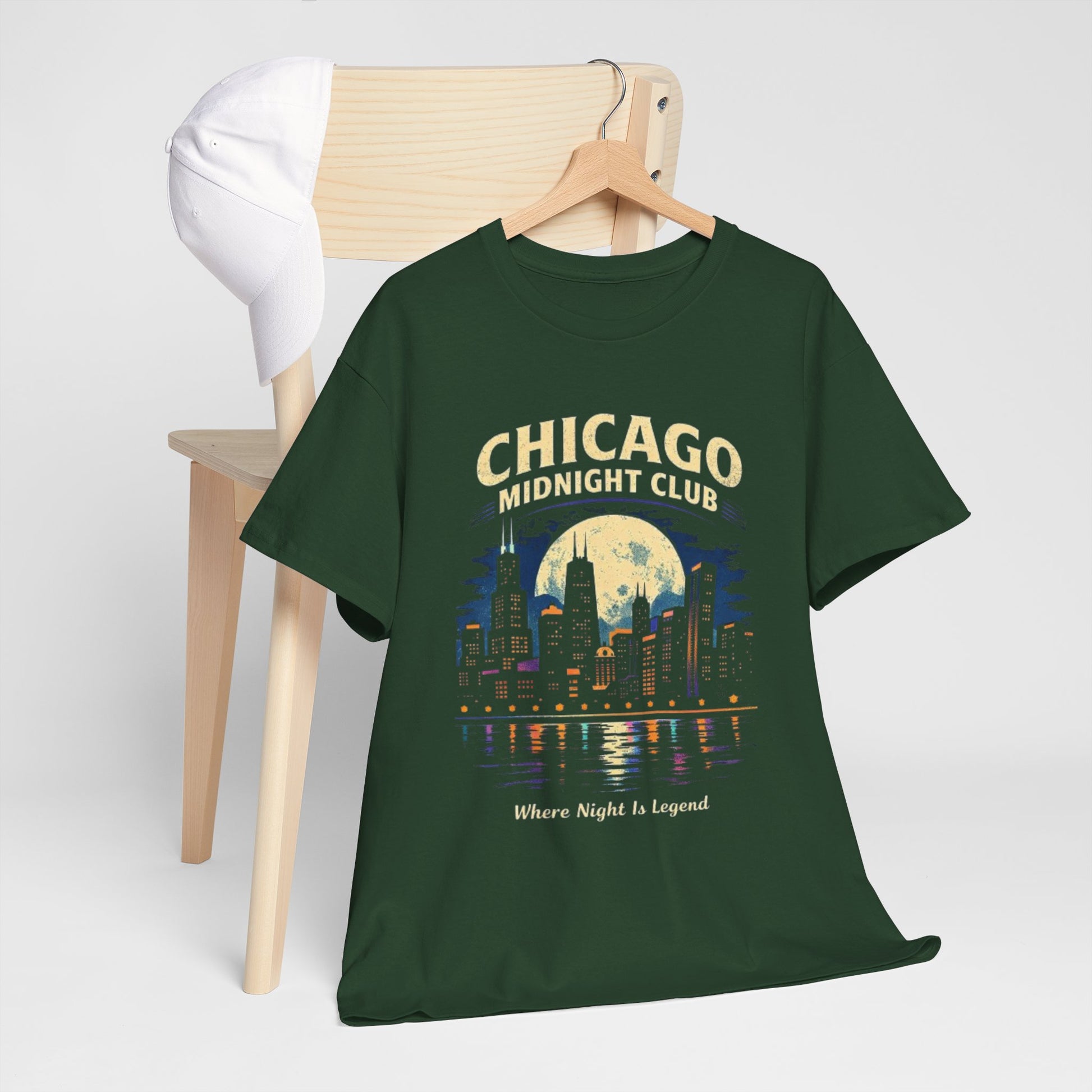 Lavender Chicago Midnight Club T‑Shirt – Retro City Skyline "Where Night Is Legend"