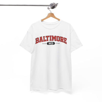 Baltimore College-Style Tee — 'BALTIMORE' Arch athletic varsity lettering Shirt