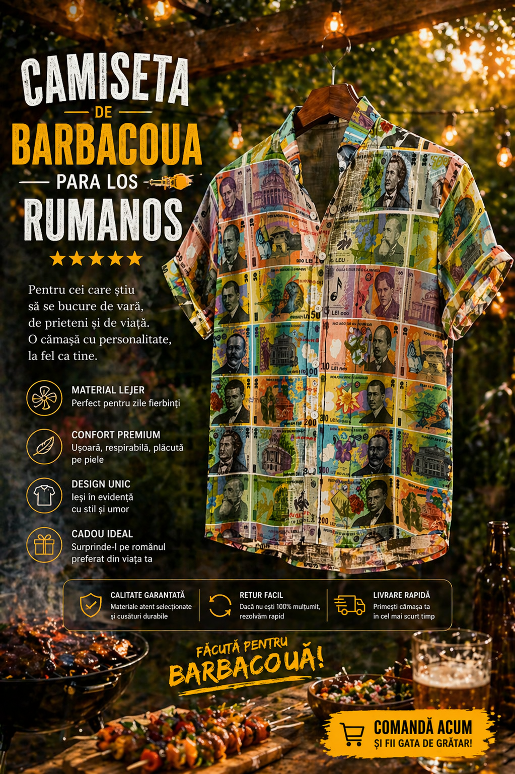 Romania money print Stand Collar Shirt|110GSM Imitation Flax Camasa imprimeu bani romanesti