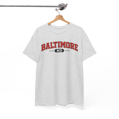 Baltimore College-Style Tee — 'BALTIMORE' Arch athletic varsity lettering Shirt – fan gear, nfl fan apparel, image 1.0
