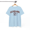 Light blue t-shirt with 'Cleveland Oh' text on a hanger against a white background