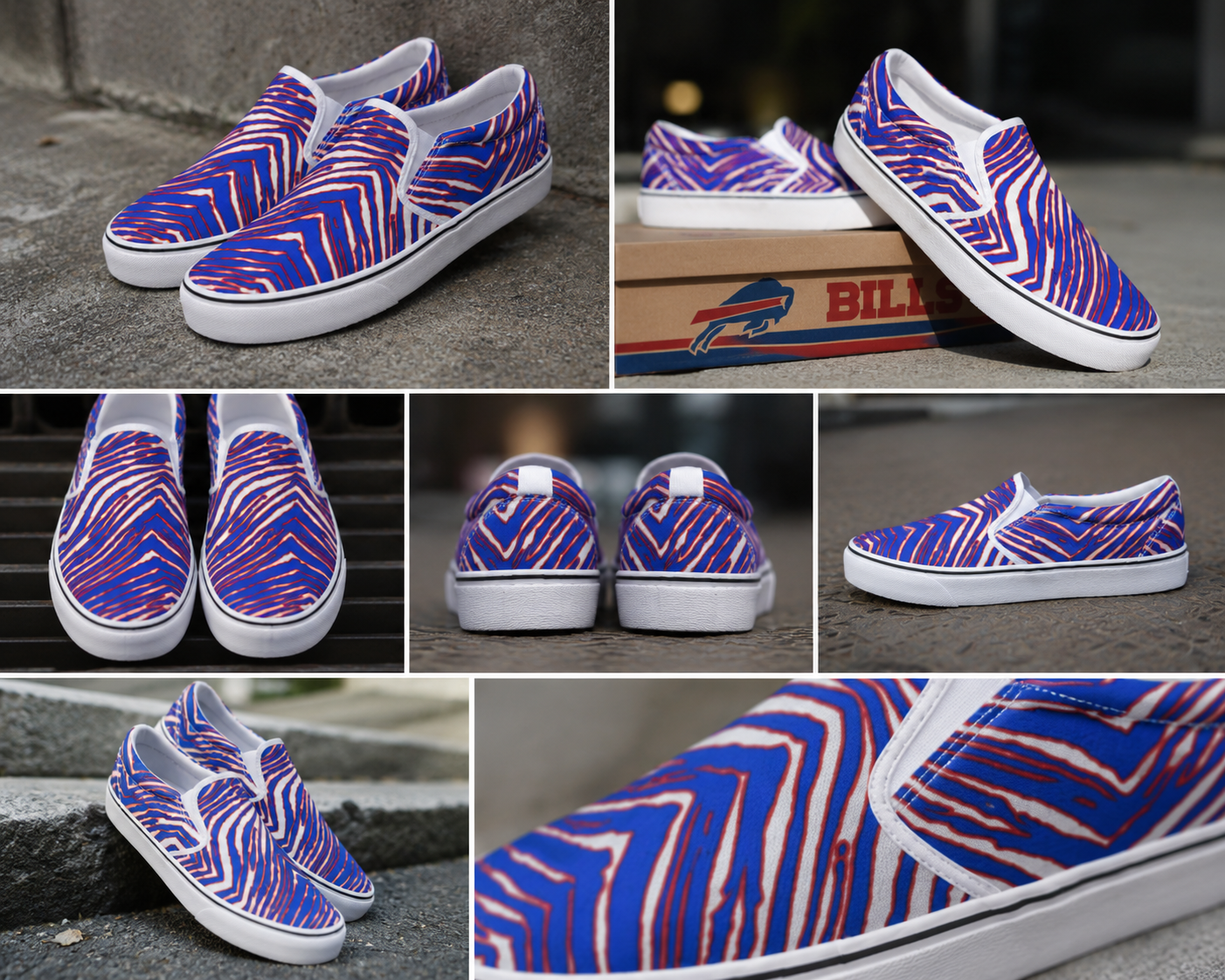 Buffalo Bills Zubaz Men's Slip On Sneakers – Red Blue White Zebra Game Day Style