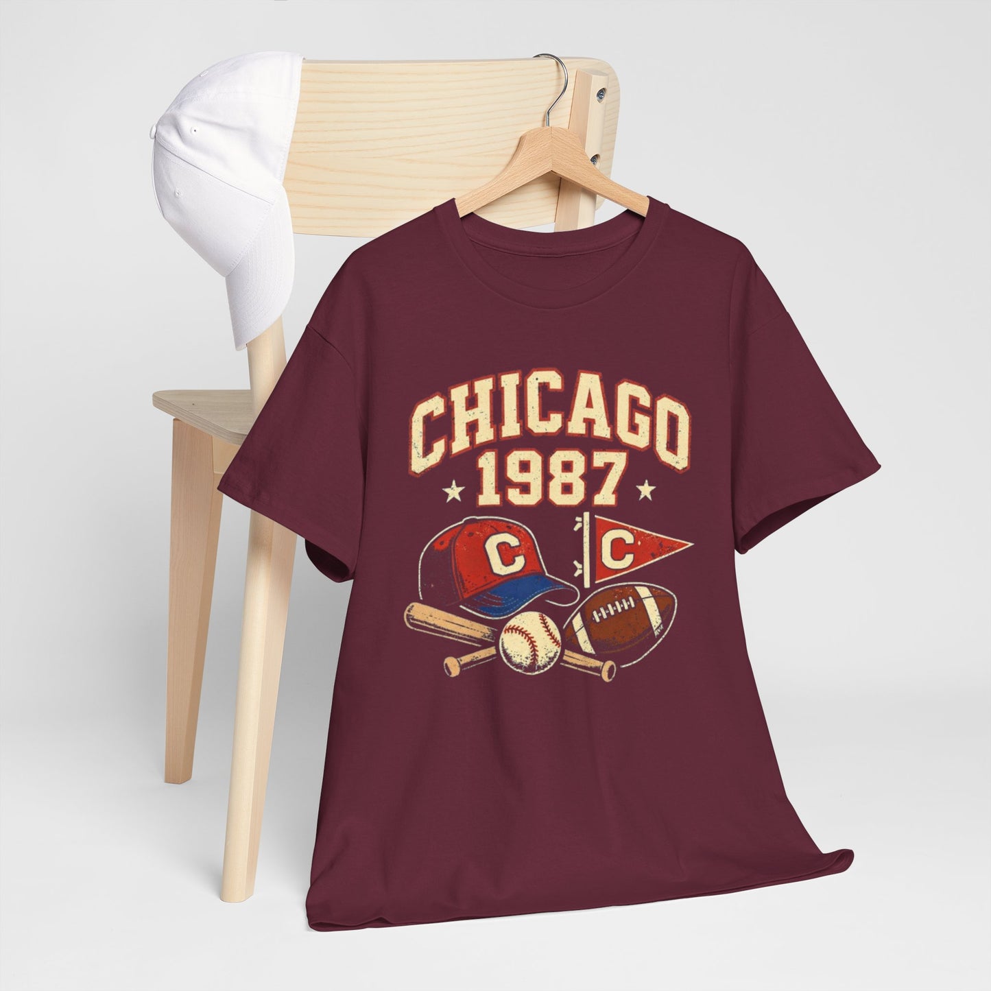 Lavender Chicago 1987 Vintage Sports T-Shirt – Retro Baseball and Football Graphic Tee
