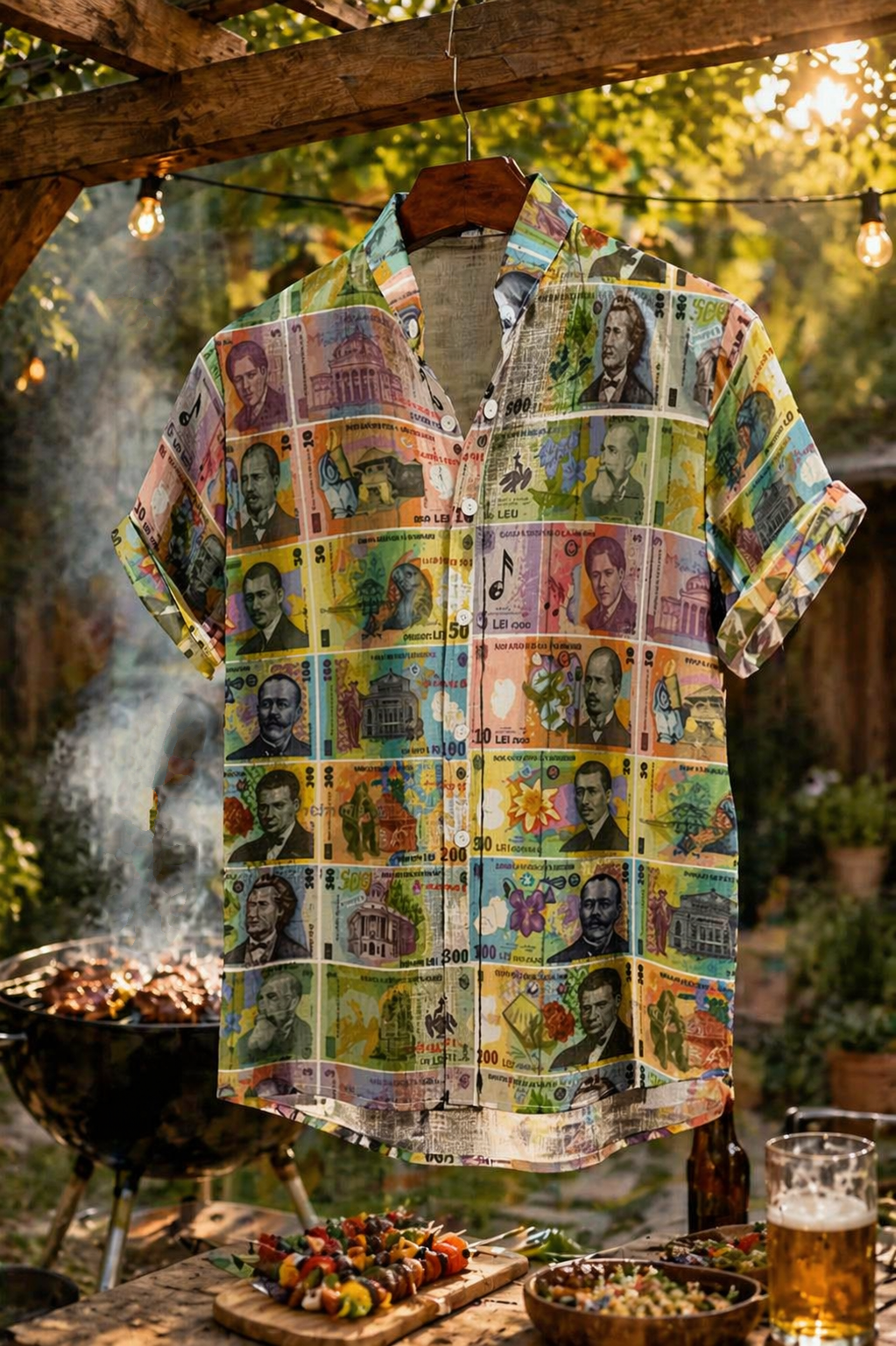 Romania money print Stand Collar Shirt|110GSM Imitation Flax Camasa imprimeu bani romanesti streetwear fashion product image 5