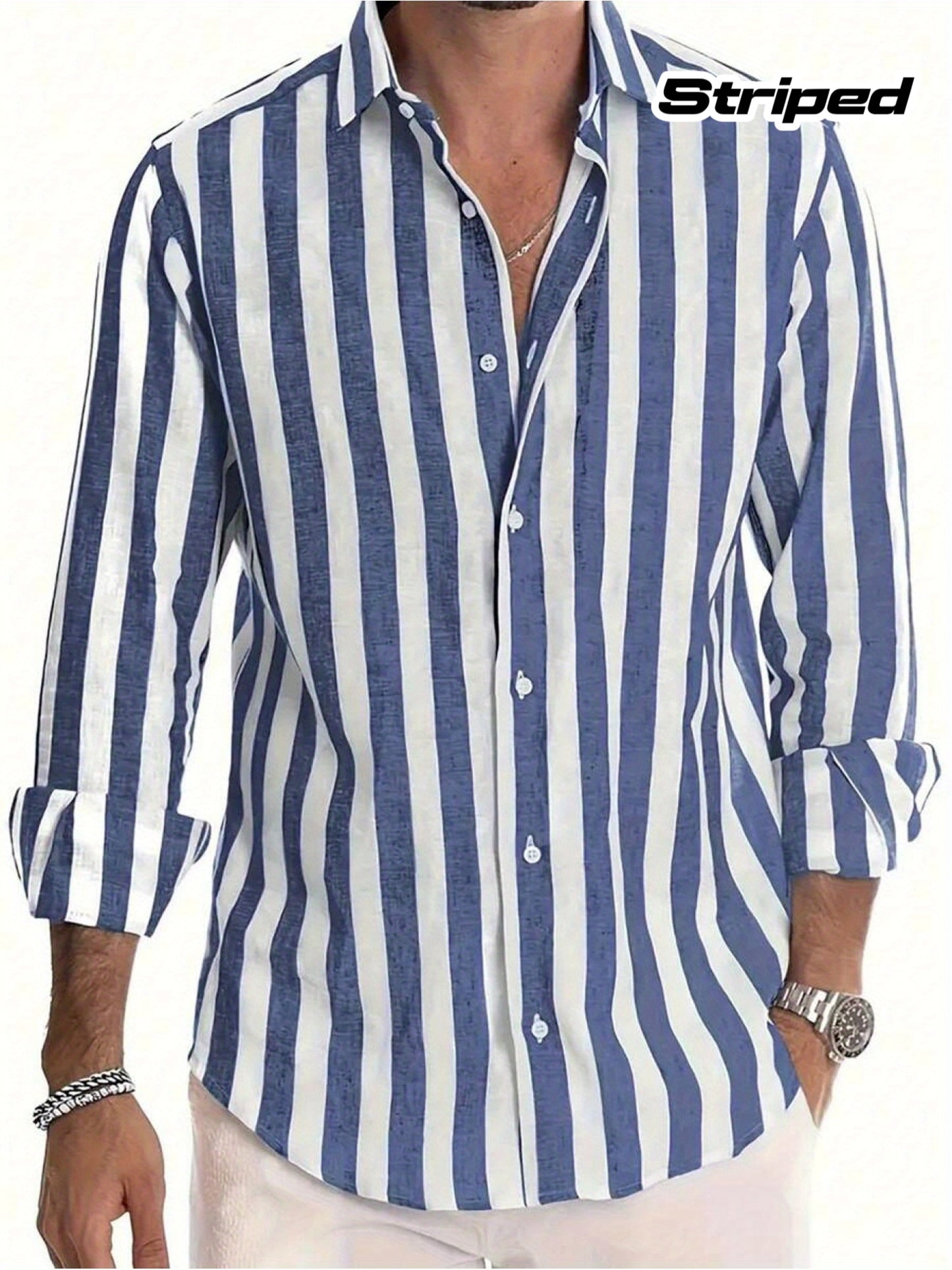 White Smoke Men's Casual Striped Long Sleeve Shirt with Turn- Collar and Buttons, Suitable for Dating, Beach, Vacation, Spring, Autumn, and Winter Seasons