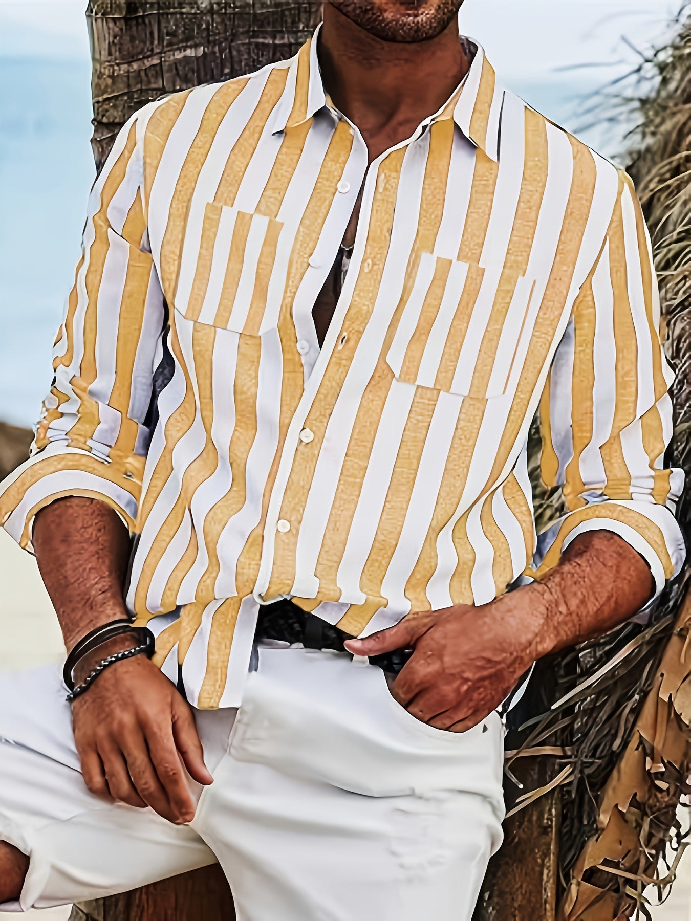 Tan A Classic Long-Sleeve Shirt for Men Featuring a Button-Up Style, Perfect for Both Formal And Casual Occasions Such As Business Meetings, Weddings, Vacations, And Everyday Wear. This Multifunctional Garment Makes an Excellent