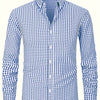 Light Steel Blue Men's Slim Fit Long Sleeve Shirt - Black & White Classic Plaid Pattern, Business Casual Button-Up Shirt, Machine Washable Summer Office & Formal Wear, Business Casual Wear | Collared Shirt | Stylish Checkered Pattern