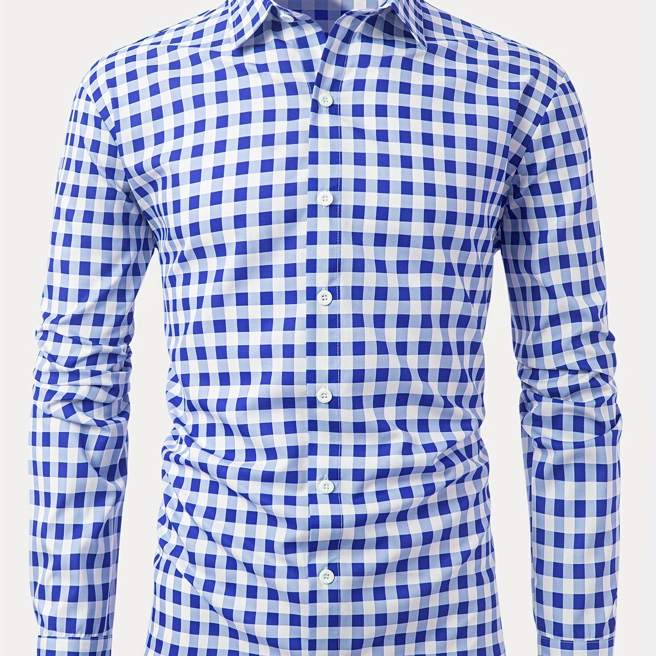 Powder Blue 1pc Printed Plaid Long-sleeve Shirt with Lapel and Button-up Cardigan Style Casual Shirt